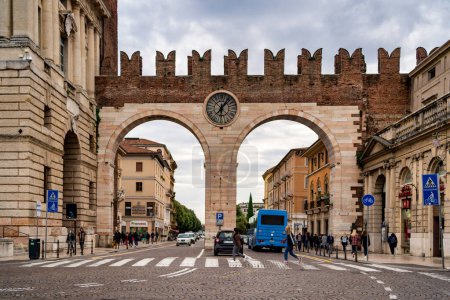 Photo for VERONA, ITALY - OCTOBER, 2020: Medieval Gate to Piazza Bra, street view. - Royalty Free Image