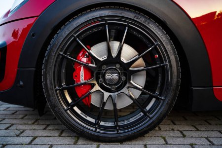Photo for BOLOGNA, ITALY - MARCH 2020: OZ racing wheel detail on New Mini John Cooper Works. OZ Group is an Italian company founded in 1971 that produces car and motorcycle wheels, specifically alloy wheels. - Royalty Free Image
