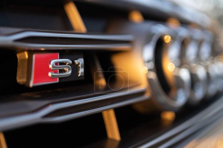 Photo for BOLOGNA, ITALY - AUGUST 2021: Audi S1 logo detail. Shallow depth of field. - Royalty Free Image
