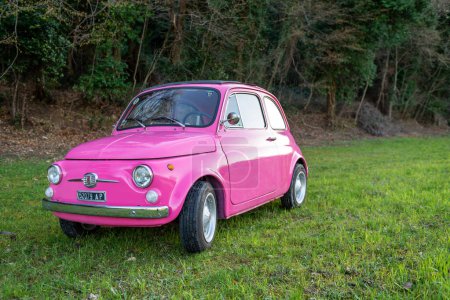 Foto de ALTIDONA, ITALIA - FEBRERO, 2016: Coche antiguo Fiat Nuova 500 rosa estacionado en la hierba. Producido por el fabricante italiano Fiat entre 1957 y 1975. - Imagen libre de derechos