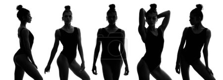Téléchargez les photos : Portrait de femme sexy en silhouette avec sous-vêtements noirs isolés sur fond blanc. Portrait studio. Noir et blanc. Collage. - en image libre de droit