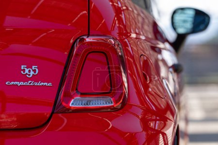 Photo for BOLOGNA, ITALY - MARCH 2021: Red Fiat 595 Abarth Competizione, logo detail. - Royalty Free Image