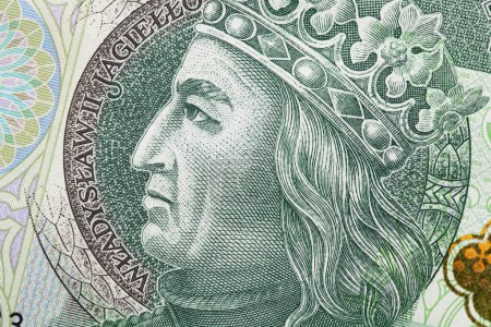 Polaco cien zloty, 100 PLN. Macro de Wladyslaw II Jagiello cara en dinero polaco. Vista superior