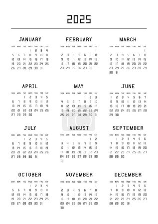 Kalender für 2025 Jahr. Kalenderplaner Set für Vorlage Corporate Design. Die Woche beginnt am Sonntag. Vektorillustration.