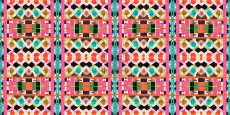 Photo for Kitsch pattern geometric retro design in seamless border background. Trendy modern boho geo in vibrant colorful graphic ribbon trim edge. Repeat tile for patchwork effect endless band - Royalty Free Image