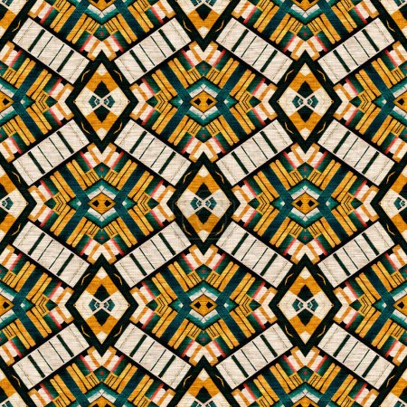 Téléchargez les photos : Traditional tile mosaic seamless pattern print. Fabric effect mexican patchwork damask grid Square shape symmetrical background textile . Creative colorful graphic design. - en image libre de droit
