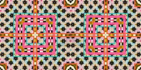 Photo for Kitsch pattern geometric retro design in seamless border background. Trendy modern boho geo in vibrant colorful graphic ribbon trim edge. Repeat tile for patchwork effect endless band - Royalty Free Image