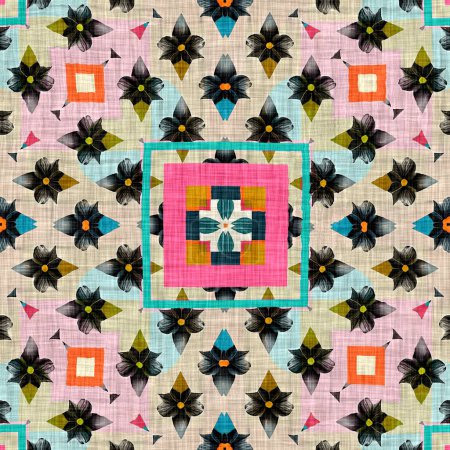 Photo for Kitsch pattern geometric retro design in seamless background. Trendy modern boho geo in vibrant colorful graphic illustration. Repeat tile for patchwork effect swatch - Royalty Free Image