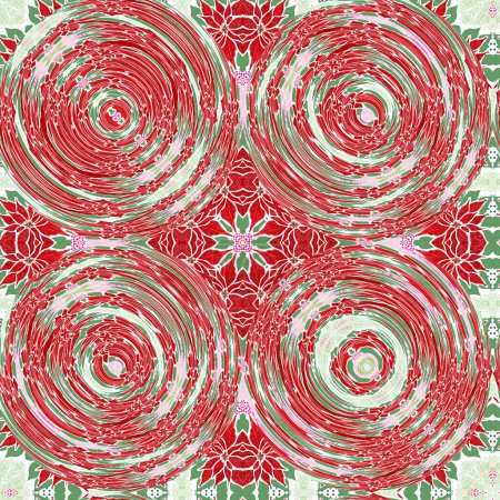 Photo for Christmas round gift wrap pattern. Contemporary holiday quilt with dotted tile. Multicolor yule wallpaper decorative glitchy background. - Royalty Free Image