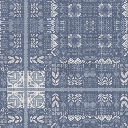 Téléchargez les photos : Farm house blue intricate country cottage seamless pattern. Tonal french damask style background. Simple rustic fabric textile for shabby chic patchwork - en image libre de droit