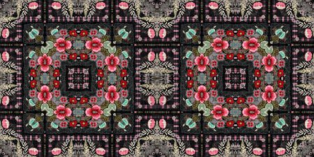 Photo for Boho folkloric flower banner with a gypsy retro style. Repeatable vintage cloth effect border in black and red gothic fashion colors - Royalty Free Image