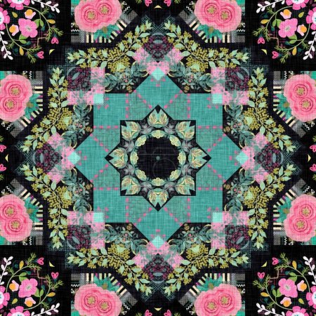 Boho patchwork flower pattern with a gypsy retro style. Repeatable vintage cloth effect print in black and red gothic fashion colors