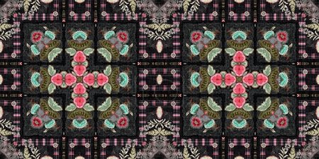 Photo for Boho folkloric flower banner with a gypsy retro style. Repeatable vintage cloth effect border in black and red gothic fashion colors - Royalty Free Image