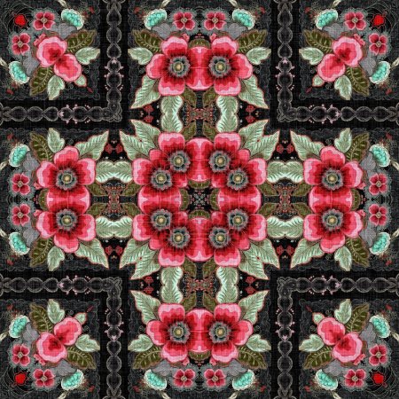 Patrón de flores folclóricas boho con un estilo retro gitano. Impresión de efecto de tela vintage repetible en colores de moda gótica negra y roja