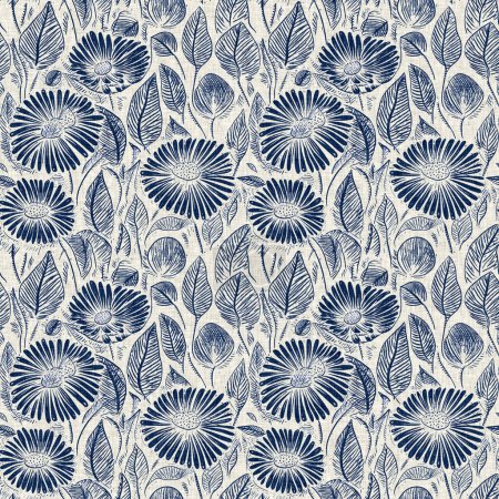 Patrón masculino índigo floral blockprint lino sin costuras. Todo sobre la impresión de fondo de tela de linograbado de flores efecto algodón azul marino