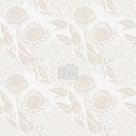 Subtle rustic elegance wedding floral block print linen seamless pattern. All over print of white on white tonal cotton effect flower background