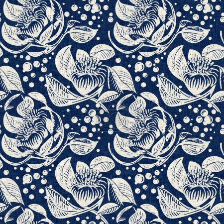 Téléchargez les photos : Masculin indigo floral relief lin motif sans couture. Impression partout de bleu marine effet coton fleur linogravure tissu fond - en image libre de droit