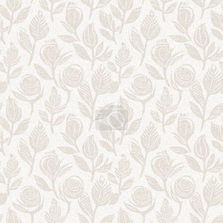 Sutil elegancia rústica boda bloque floral impresión lino patrón sin costuras. Todo estampado de blanco sobre fondo de flores de efecto algodón tonal blanco