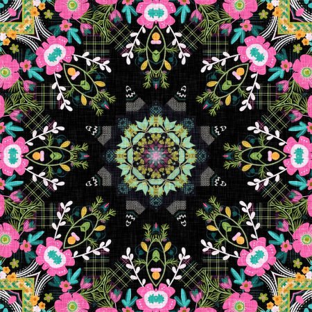 Photo for Boho patchwork flower pattern with a gypsy retro style. Repeatable vintage cloth effect print in black and red gothic fashion colors - Royalty Free Image