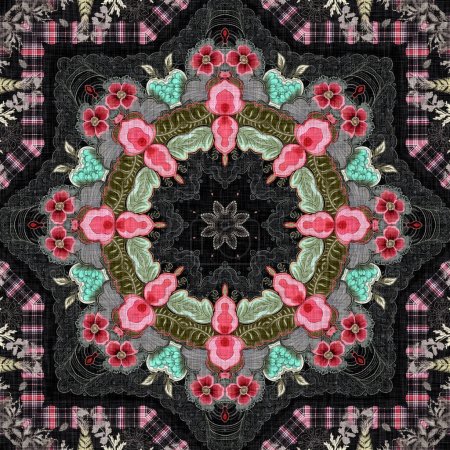 Boho folkloristisches Blumenmuster im Zigeunerstil. Wiederholbarer Vintage-Tuch-Effekt-Druck in schwarz und rot gotischen Modefarben