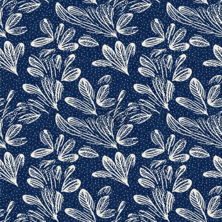 Maskulines Indigo-Blockprint-Leinen mit nahtlosem Muster. Überall Druck von marineblauen Baumwolleffekt Blume Linolschnitt Stoff Hintergrund