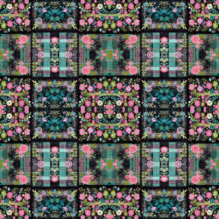 Photo for Boho patchwork flower pattern with a gypsy retro style. Repeatable vintage cloth effect print in black and red gothic fashion colors - Royalty Free Image