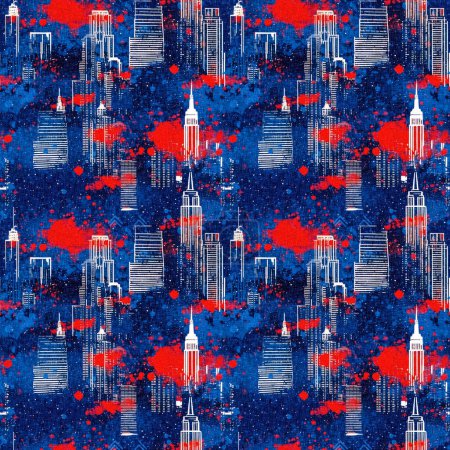 Seamless 4th of July cityscape pattern in traditional red, white and blue colors. Modern usa stylish print for holiday decor, summer liberty graphic and united states background
