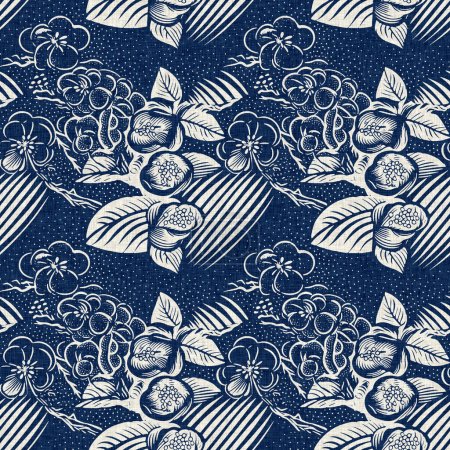 Patrón masculino índigo floral blockprint lino sin costuras. Todo sobre la impresión de fondo de tela de linograbado de flores efecto algodón azul marino