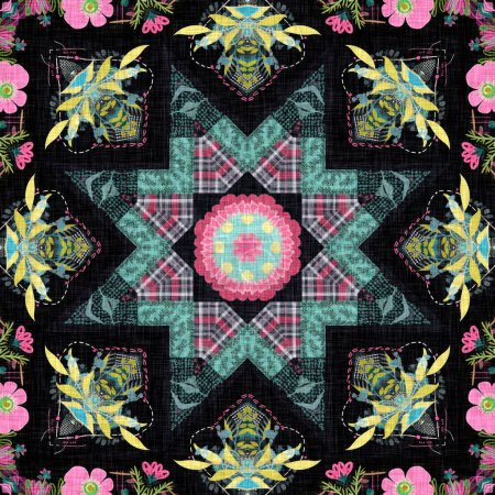 Photo for Boho folkloric flower pattern with a gypsy retro style. Repeatable vintage cloth effect print in black and red gothic fashion colors - Royalty Free Image