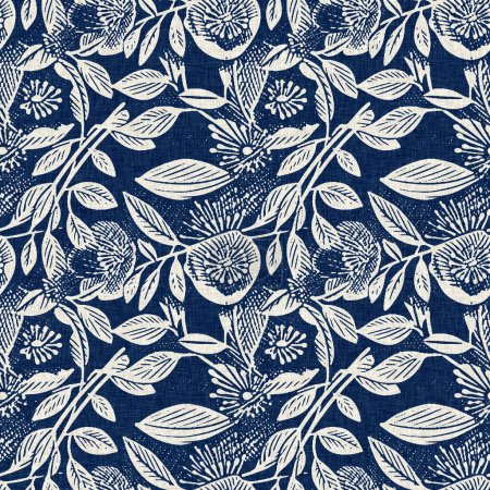 Masculine indigo floral blockprint linen seamless pattern. All over print of navy blue cotton effect flower linocut fabric background