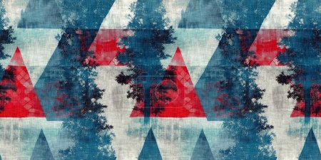 Grunge Christmas tree red blue white cottage style seamless border. Festive distress cloth effect for cozy winter home decor