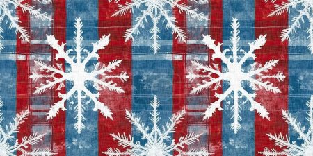 Grunge americana Navidad copo de nieve rojo azul blanco cabaña estilo borde sin costuras. Efecto de tela de socorro festivo para una decoración acogedora del hogar de invierno