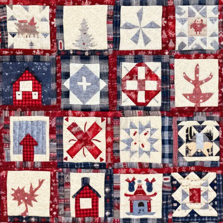 Rustic country christmas cottage with primitive hand sewing fabric effect. Cozy nostalgic shabby chic homespun americana winter handmade crafts style seamless pattern