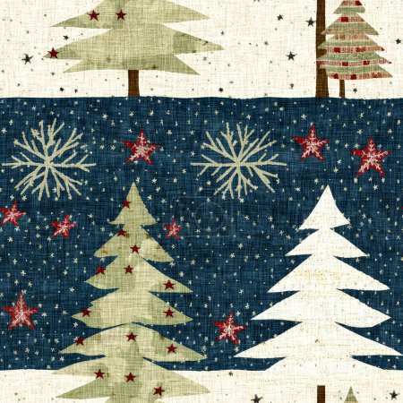 Photo for Old-Fashioned christmas tree with primitive hand sewing fabric effect. Cozy nostalgic homespun winter hand made crafts style seamless pattern. - Royalty Free Image