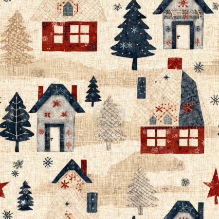 Chalet rustique de Noël de campagne avec effet de tissu de couture main primitive. Cozy nostalgique shabby chic fait maison americana hiver artisanat style motif sans couture