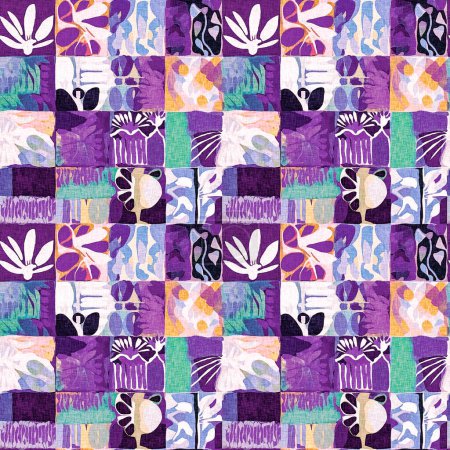 Modern purple summer collage paper cut out shapes pattern with fabric effect design. Seamless fun nature inspired fashion repeat for trendy textile washed print backdrop