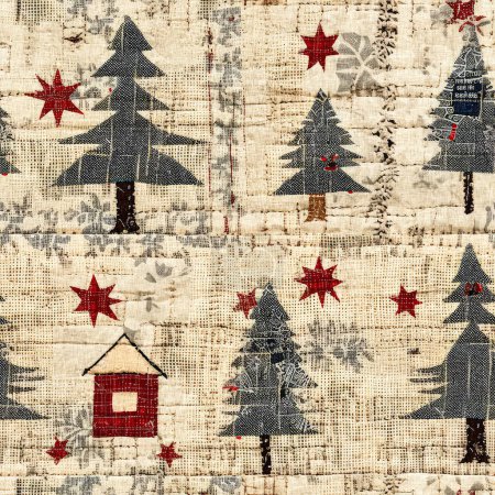 Rustic country christmas cottage with primitive hand sewing fabric effect. Cozy nostalgic shabby chic homespun americana winter handmade crafts style seamless pattern