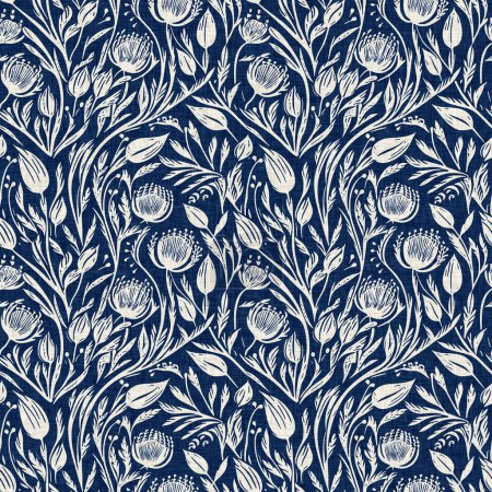 Masculine indigo floral blockprint linen seamless pattern. All over print of navy blue cotton effect flower linocut fabric background