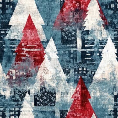 Téléchargez les photos : Grunge americana arbre de Noël rouge bleu blanc style cottage motif de fond. Effet de tissu de détresse festif pour un décor confortable pour la maison d'hiver - en image libre de droit