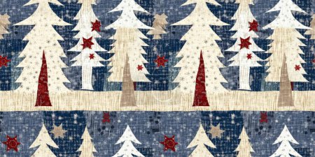 Téléchargez les photos : Old-Fashioned christmas tree with primitive hand sewing fabric effect endless edging. Cozy nostalgic homespun winter hand made crafts style trim - en image libre de droit