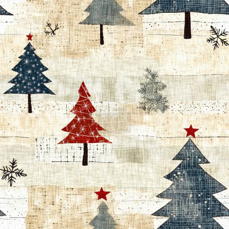 Árbol de navidad anticuado con efecto primitivo de tela de coser a mano. Acogedor nostálgico casero invierno hecho a mano artesanía estilo patrón sin costuras