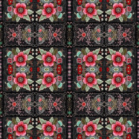 Photo for Boho folkloric flower pattern with a gypsy retro style. Repeatable vintage cloth effect print in black and red gothic fashion colors - Royalty Free Image