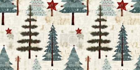 Téléchargez les photos : Old-Fashioned christmas tree with primitive hand sewing fabric effect endless edging. Cozy nostalgic homespun winter hand made crafts style trim - en image libre de droit