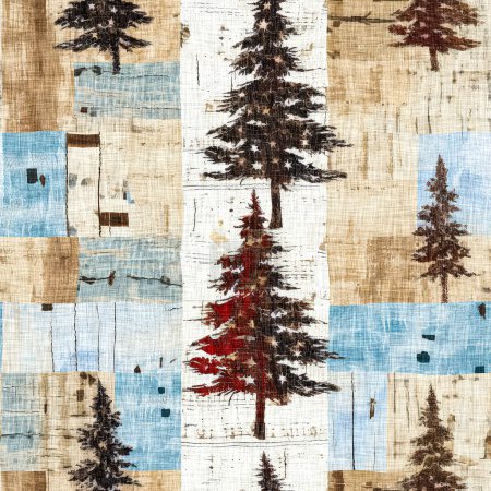 Photo for Old-Fashioned christmas tree with primitive hand sewing fabric effect. Cozy nostalgic homespun winter hand made crafts style seamless pattern - Royalty Free Image