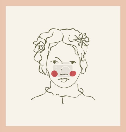 Ilustración de Retrato femenino con flor vector clipart único. Dibujo enmarcado de chica de dibujos animados en estilo garabato dibujado a mano. Ilustración facial para avatar web - Imagen libre de derechos