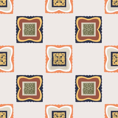 Illustration for Hand drawn retro block print seamless pattern. Vector 80s vintage wallpaper design for geometric background. Carved bohemian ornamental design - Royalty Free Image