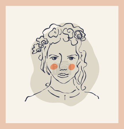Ilustración de Retrato femenino con flor vector clipart único. Dibujo enmarcado de chica de dibujos animados en estilo garabato dibujado a mano. Ilustración facial para avatar web - Imagen libre de derechos
