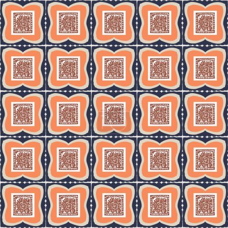 Illustration for Hand drawn retro block print seamless pattern. Vector 80s vintage wallpaper design for geometric background. Carved bohemian ornamental design - Royalty Free Image