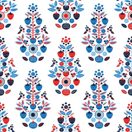 Illustration for Red and blue folkart quilt vector pattern. Seamless scandi all over fabric for whimsical patchwork background - Royalty Free Image