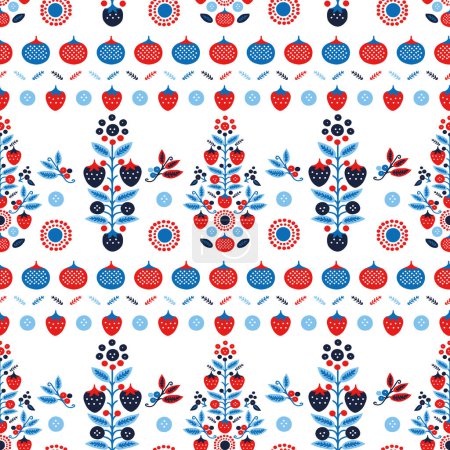 Ilustración de Red and blue folkart quilt vector pattern. Seamless scandi all over fabric for whimsical patchwork background - Imagen libre de derechos